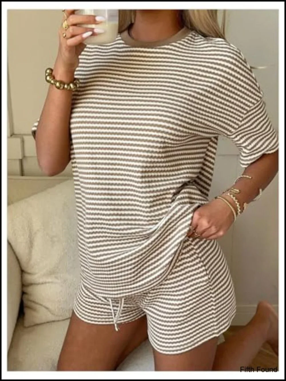 Women's Striped Lounge Set Short Sleeve Matching Shorts Set